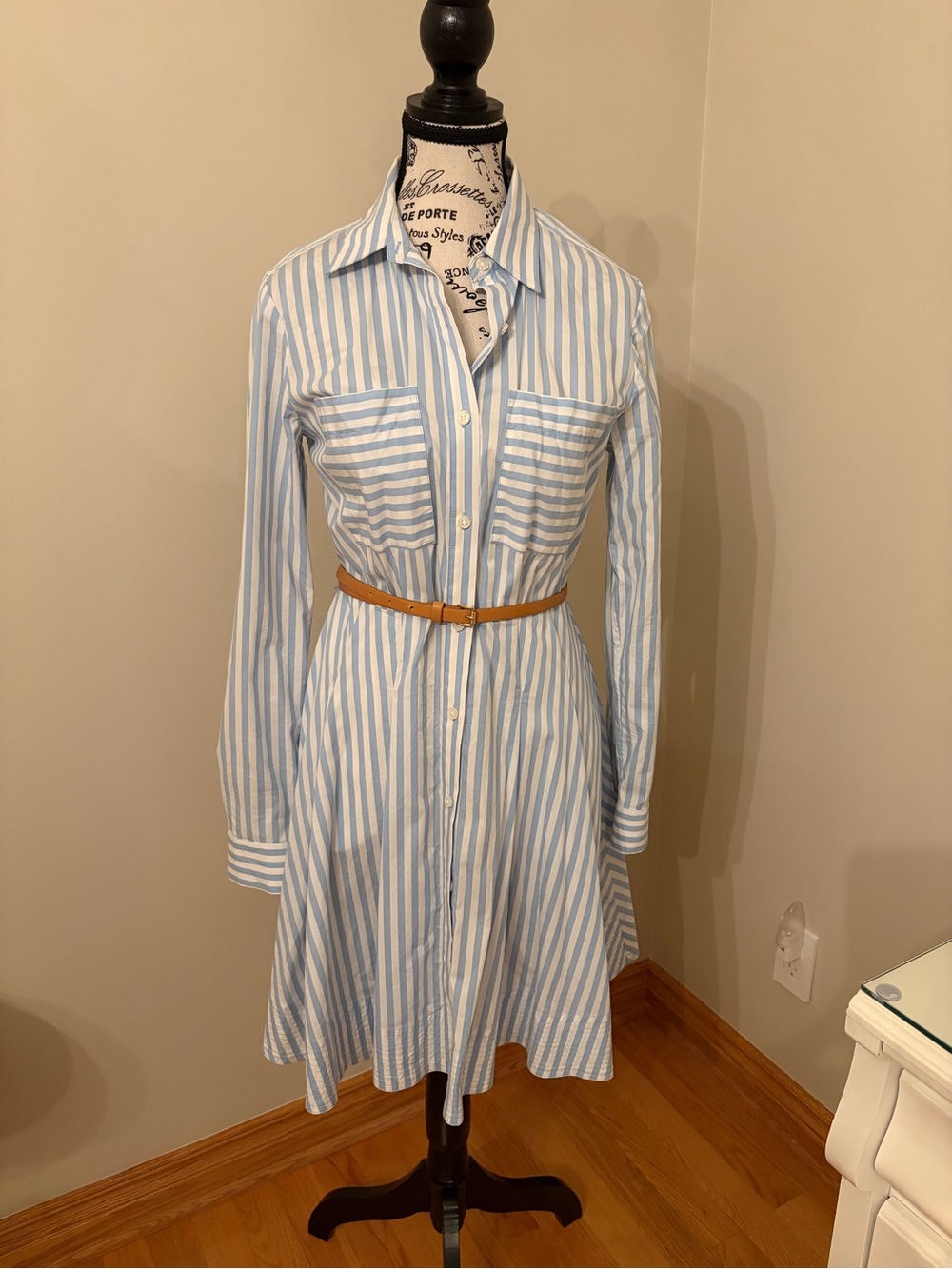 MICHAEL Michael Kors Blue & White Striped Long-Sleeve Shirt Dress with Tan Belt